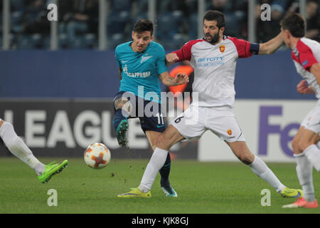 Russia. 23rd Nov, 2017. forward Sebastian Driussi of FC Zenit and defender Boban Grncharov of FC Vardar during UEFA Europa League Football match Zenit - Vardar. Saint Petersburg, November 23, 2017 Credit: Anatoliy Medved/Pacific Press/Alamy Live News Stock Photo