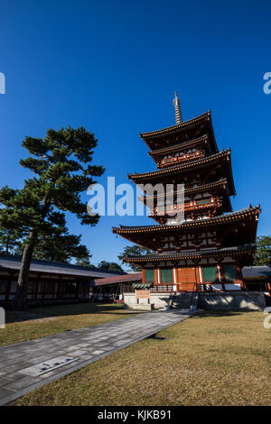 Yakushiji Tenple Pagoda - Yakushiji was constructed by Emperor Tenmu in the 7th century for the recovery of the emperor's sick wife. Yakushiji  is one Stock Photo