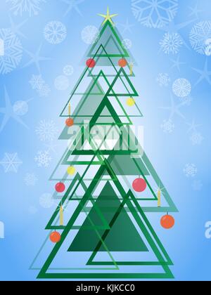 Abstract geometric green Christmas tree. Triangle design pattern Christmas tree on blue background with snowflakes. vector illustration Stock Vector