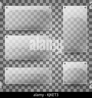 Transparent glass blank vertical and horizontal glossy empty banners on checkered background. Set of transparent glare glass plates. Vector Illustration Stock Vector