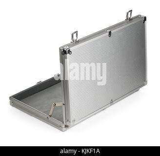 Opened Aluminum suitcase isolated on a white background. with clipping path Stock Photo