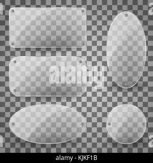 Rectangle transparent glare glass panel with steel rivets. Set of transparent glare glass plates of different shapes. Vector Illustration Stock Vector