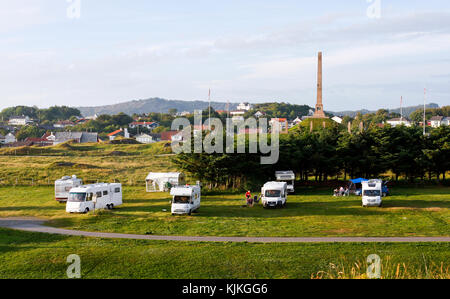 HAUGESUND, NORWAY ON JULY 03, 2010. View of a Camping and the National Monument. Unidentified people. Haraldshaugen. Editorial. Stock Photo