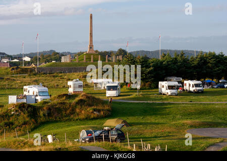 HAUGESUND, NORWAY ON JULY 03, 2010. View of a Camping and the National Monument. Unidentified people. Haraldshaugen. Editorial. Stock Photo