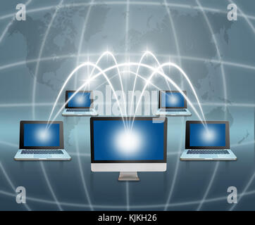 Connection of Laptops and computer over earth and world map with network line background,Elements of this image furnished by NASA,Business network con Stock Photo