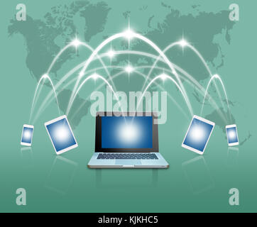 Laptops, tablet and smart mobile phone against globe blue over world map with network line background,Elements of this image furnished by NASA,Busines Stock Photo