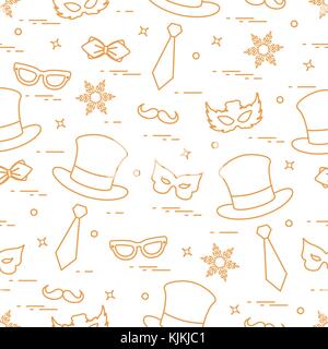 Seamless pattern of different carnival decorations: masks, hats, mustache  and other. Carnival festive concept. Costume for a party. Stock Vector