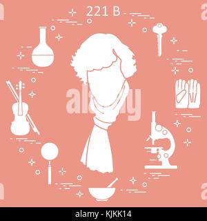 Private detective Sherlock Holmes with variety tools and equipment. The hero of the popular TV series. Design for announcement, print. Stock Vector