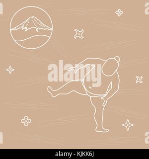 Vector illustration of sumo wrestler, shurikens and mountain Fuji. Japan theme. Stock Vector