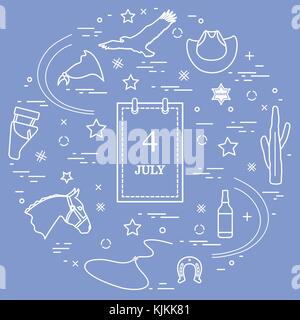 Illustration of eagle, cowboy hat, cactus, sheriff star, whiskey, lasso, horseshoe, horse head, holster, neckerchief, calendar arranged in a circle. W Stock Vector