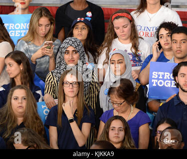 MIAMI, FL - OCTOBER 11: Democratic presidential nominee former Secretary of State Hillary Clinton and former Vice President Al Gore campaign together at the Miami Dade College - Kendall Campus, Theodore Gibson Center on October 11, 2016 in Miami, Florida. Clinton continues to campaign against her Republican opponent Donald Trump with less than one month to go before Election Day   People: Atmosphere Stock Photo