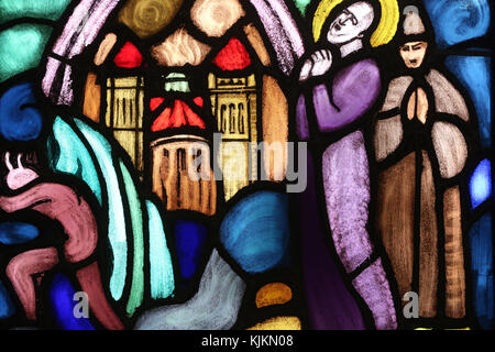 Saint Paul church.  Stained glass window.  Saint Francis of Assisi.  Geneva. Switzerland. Stock Photo