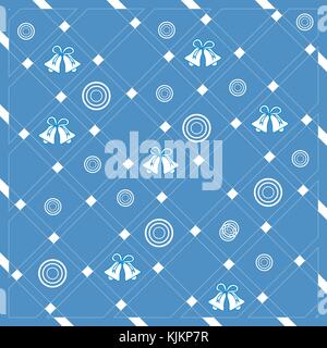 Pattern of diagonal stripes or lines in nice colors with snowflakes and Christmas bells. Abstract grid texture. Graphic background design. Stock Vector