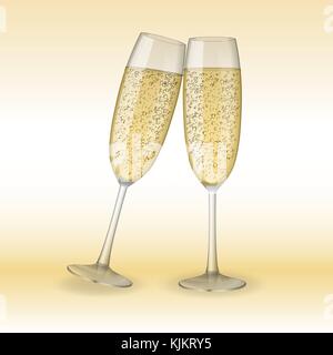 Two glasses of champagne. Holiday, Merry Christmas and Happy New Year champagne concept. Vector Illustration of champagne glasses. Stock Vector