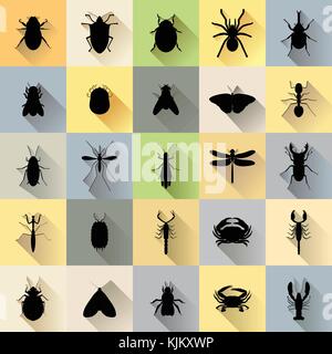 Vector Long Shadow 25 Silhouette Bug Insect Set Stock Vector