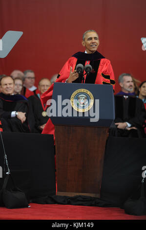 NEW BRUNSWICK, NJ - MAY 15: President Barack Obama receives honory degree from Rutgers President Robert Barchi and gives the commencement speech at Rutgers University's 250th anniversary on May 15, 2016 in New Brunswick, New Jersey.   People:  Barack Obama Stock Photo