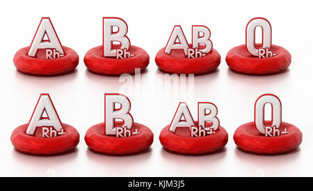 Blood types standing on blood cells. 3D illustration. Stock Photo