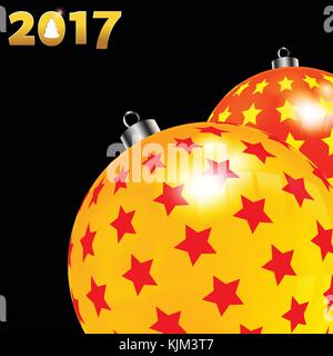 3D Illustration of Christmas Decorated Baubles Red and Yellow with Stars Over Black Background with Date in Golden Numbers and Cut Out Christmas Tree Stock Vector