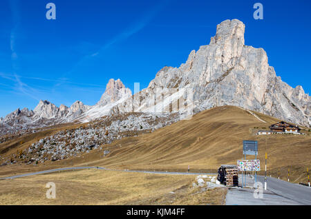 Autumn landscape at Giau pass with famous Ra Gusela,Nuvolau peaks in background,Dolomites, Italy. Stock Photo