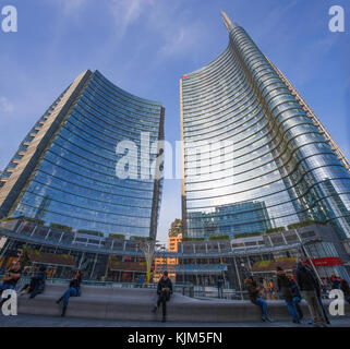 MILAN, ITALY, NOVEMBER 11, 2017 -  View of the Unicredit Tower in Gae Aulentis Square, the buisness area near Garibaldi train Station, Milan, Italy Stock Photo