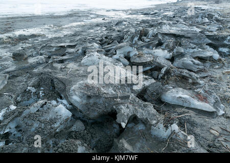 winter, nature, water resours concept. there are grey dirty blocks of ices in the coastal zone, blocks of frozen water is mixed with sand and dry straw Stock Photo