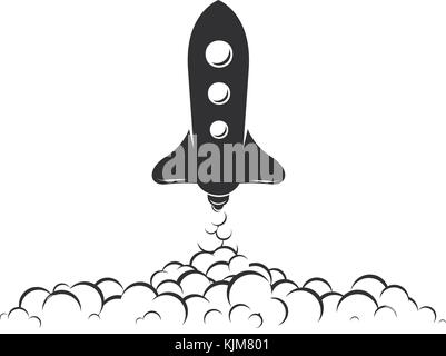 Rocket flying up icon. Black ship launch. Innovation product logo. Business aspiration strategy vector illustration on white background. Stock Vector