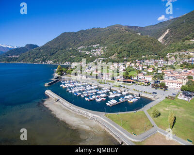 Port of Gera Lario - Como lake in Italy (boats in a port) - Aerial view Stock Photo