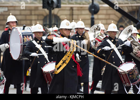 LONDON - NOVEMBER 11, 2017: Royal Marines Band at the annual Lord Mayor's Show in the City of London on November 11, 2017. Stock Photo