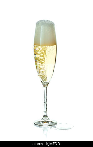 Glass of champagne with foam on white Stock Photo