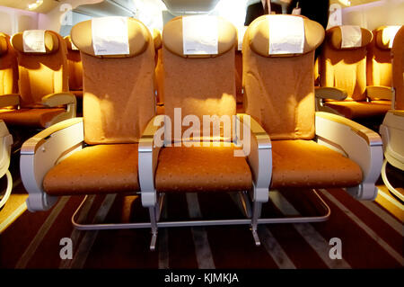 Boeing 777-240LR 9 abreast seating in economy-class cabin at the 2005 Paris AirShow, Salon-du-Bourget Stock Photo