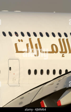 Airbus A380 prototype aircraft serial number msn004 fuselage with Arabic script, windows, doors and flaps