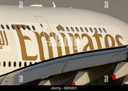 Airbus A380 prototype aircraft serial number msn004 fuselage with big Emirates titles, windows, doors and flaps