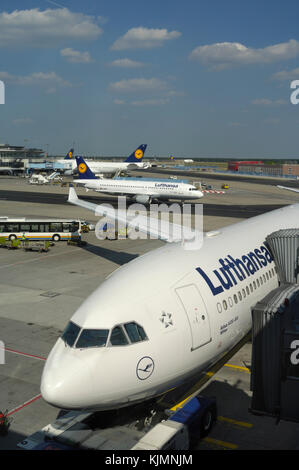 Lufthansa Airbus A330-300 parked at the gate with A320-200