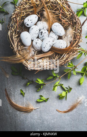 Easter eggs in nest with spring twigs, top view Stock Photo