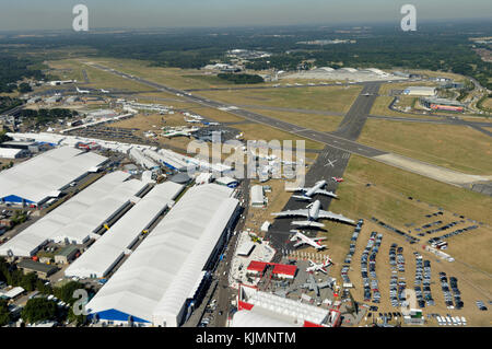 Airbus A380-800, Kingfisher Airlines A320-200, A340-600, EVA Air Boeing 777-300 ER and USAF C-17A Globemaster III parked in the static-display at the  Stock Photo