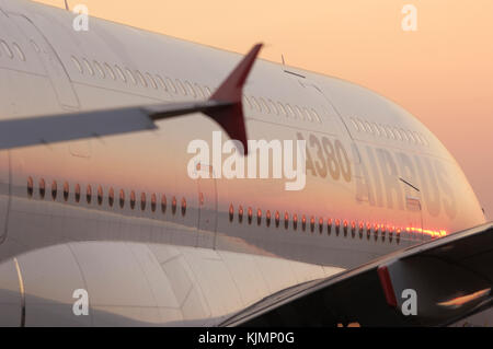 Airbus A380-800 with the winglet of the Kingfisher Airlines A320-200 parked in the static-display at the 2006 Farnborough International Airshow Stock Photo