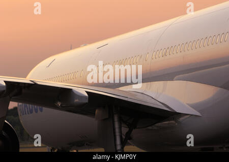 trailing-edge of the wing and boat-fairings of the Airbus A340-642 parked in the static-display at the 2006 Farnborough International Airshow Stock Photo