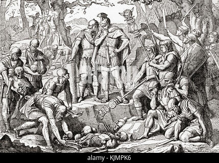 Germanicus buries the bones of the Romans killed in The Battle of the Teutoburg Forest, 9 AD. Germanicus, aka Germanicus Julius Caesar, 15 BC –  19AD.  Member of the Julio-Claudian dynasty and a prominent general of the Roman Empire.  From Ward and Lock's Illustrated History of the World, published c.1882. Stock Photo