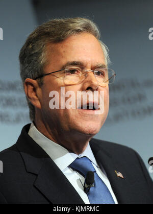 NEW YORK, NY - JANUARY 19: Republican presidential hopeful Jeb Bush speaks at the Council on Foreign Relations on January 19, 2016 in New York City. Bush has struggled to gain traction against other republican presidential hopefuls including Donald Trump and Sen. Ted Cruz.    People:  Jeb Bush Stock Photo
