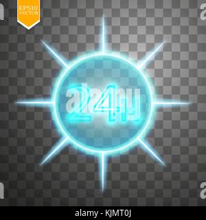 twenty four seven concept open all days.Illustration of Vector Neon Sign. Open 24 Hours Glowing Neon Frame on transparent background. 24 7 Stock Vector