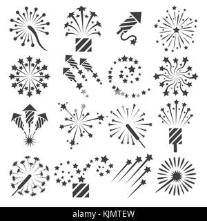 Firework icons. Celebration fireworks party signs and vector drawing celebrating petard symbols isolated on white background Stock Vector