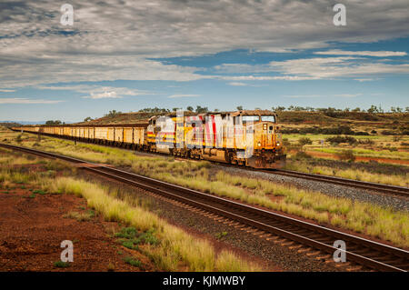 Iron ore train of Rio Tinto in the Pilbara. Stock Photo