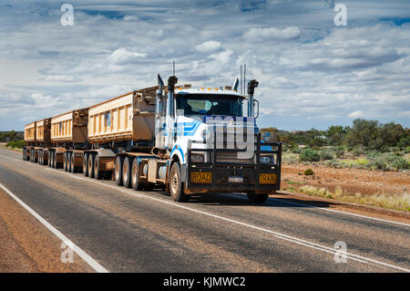 Road Train in the outback of Western Australia. Stock Photo