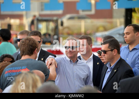 MIAMI, FL - OCTOBER 15: Celebration for Liberty City's Organizing Office Opening with Senator Tim Kaine and Pusha T in the parking lot of the Carrie P. Meek Entrepreneurial Education Center at Miami Dade College North Campus on October 15, 2016 in Miami , Florida.   People:  Tim Kaine Stock Photo