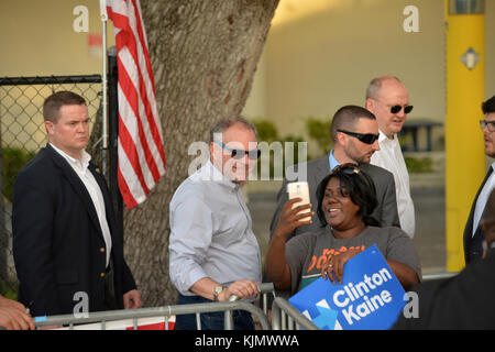 MIAMI, FL - OCTOBER 15: Celebration for Liberty City's Organizing Office Opening with Senator Tim Kaine and Pusha T in the parking lot of the Carrie P. Meek Entrepreneurial Education Center at Miami Dade College North Campus on October 15, 2016 in Miami , Florida.   People:  Tim Kaine Stock Photo