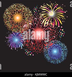 Magnificent graphics of multi-colored fireworks on a dark background Stock Vector