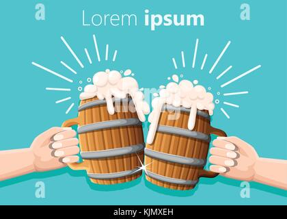 Two hands holding beer in wooden mug with iron rings. Concept of Beer Festival. Vector illustration isolated on turquoise. Knocking effect. Website an Stock Vector