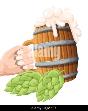 illustration of wooden beer mug with hop cone on isolated background. Pub and bar menu, alcohol beverage label, brewery symbol design. Website and mob Stock Vector