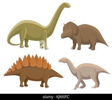 Set of dinosaurs. Stegosaurus, triceratops, Iguanodon, diplodocus. Vector illustration isolated on white. Colorful set of fantasy cute monsters, anima Stock Vector