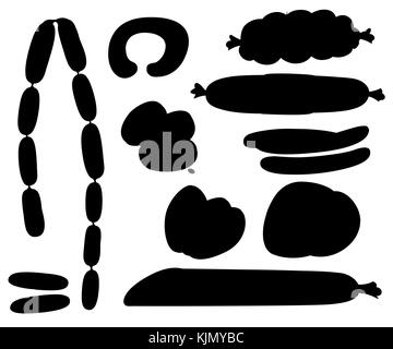 Meat products, sausage, bacon, ham, vector, beef, pork. Sausage isolated on white background. Black icon sausage. Vector illustration. Website page an Stock Vector